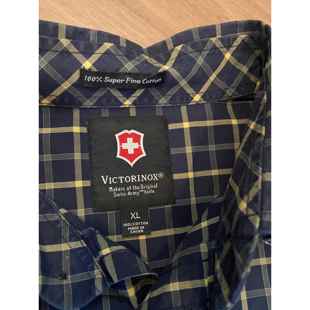 Victorinox Swiss Army Shirt XL Navy Blue Yellow Plaid S/S Cotton Utility Rugged - Picture 3 of 8